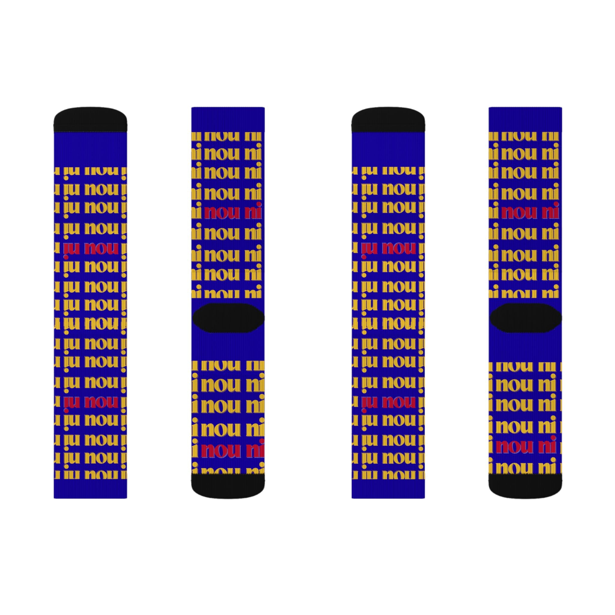 Bold Blue 'nou' Pattern Sublimation Socks — Retro Logo Crew Socks