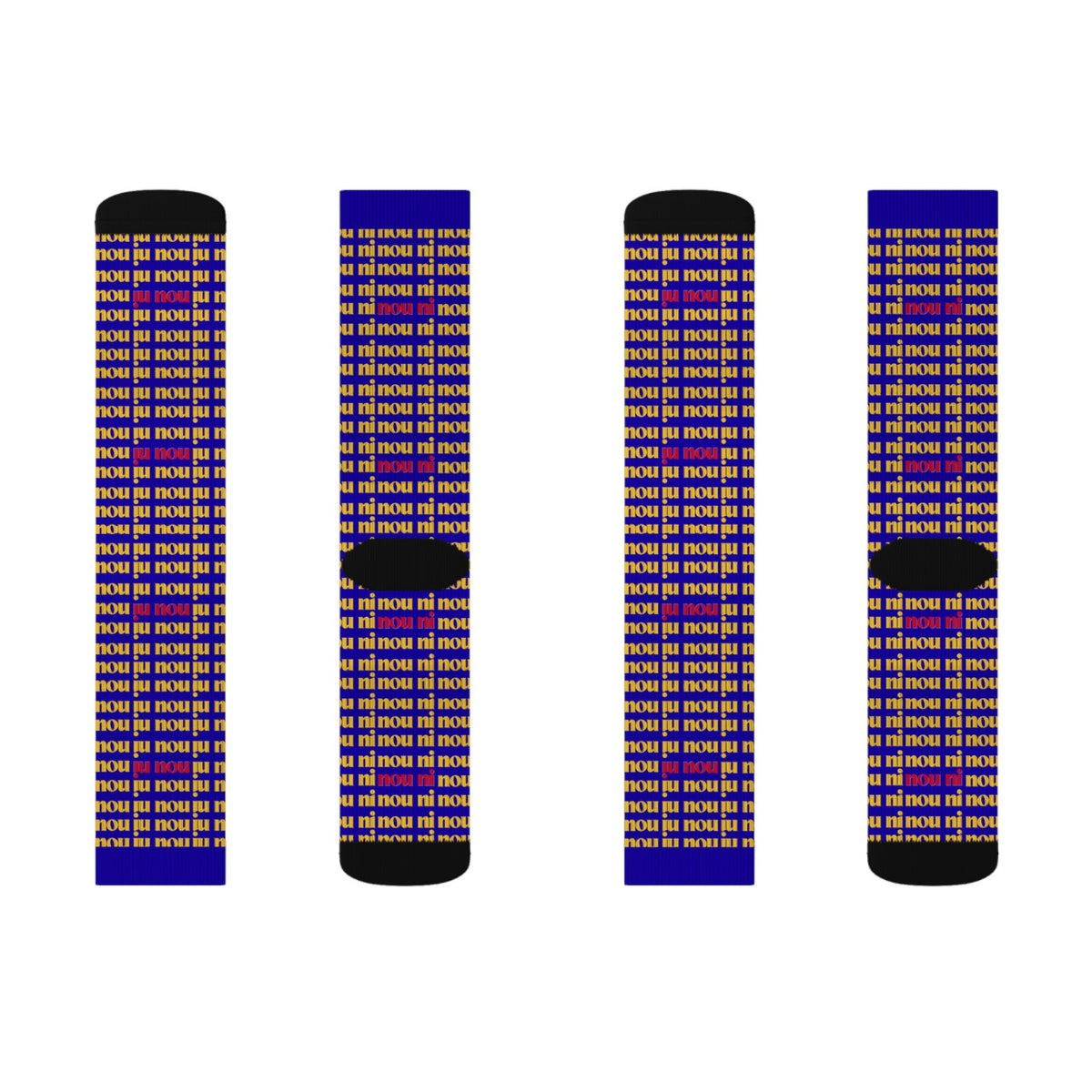 Bold Blue 'nou' Pattern Sublimation Socks — Retro Logo Crew Socks