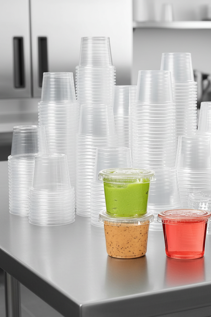 A bulk set of clear plastic food containers and cups, including stacks of plain cups and three small containers with lids holding green, brown, and red contents, on a white background.