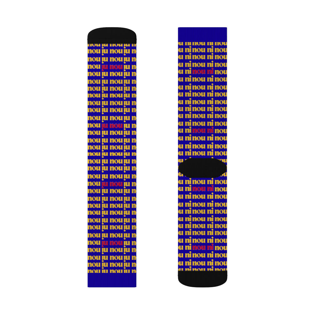 Bold Blue 'nou' Pattern Sublimation Socks — Retro Logo Crew Socks
