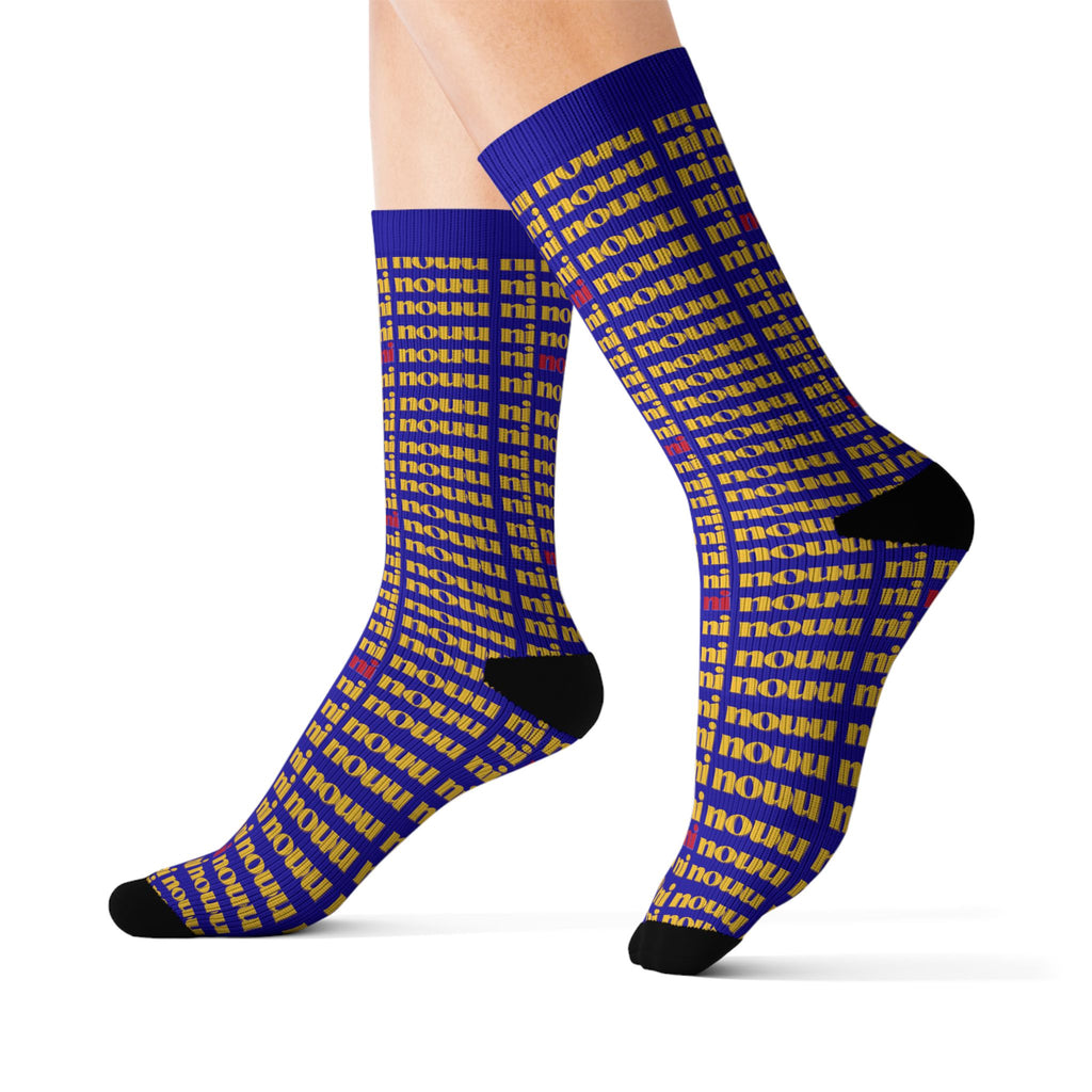 Bold Blue 'nou' Pattern Sublimation Socks — Retro Logo Crew Socks