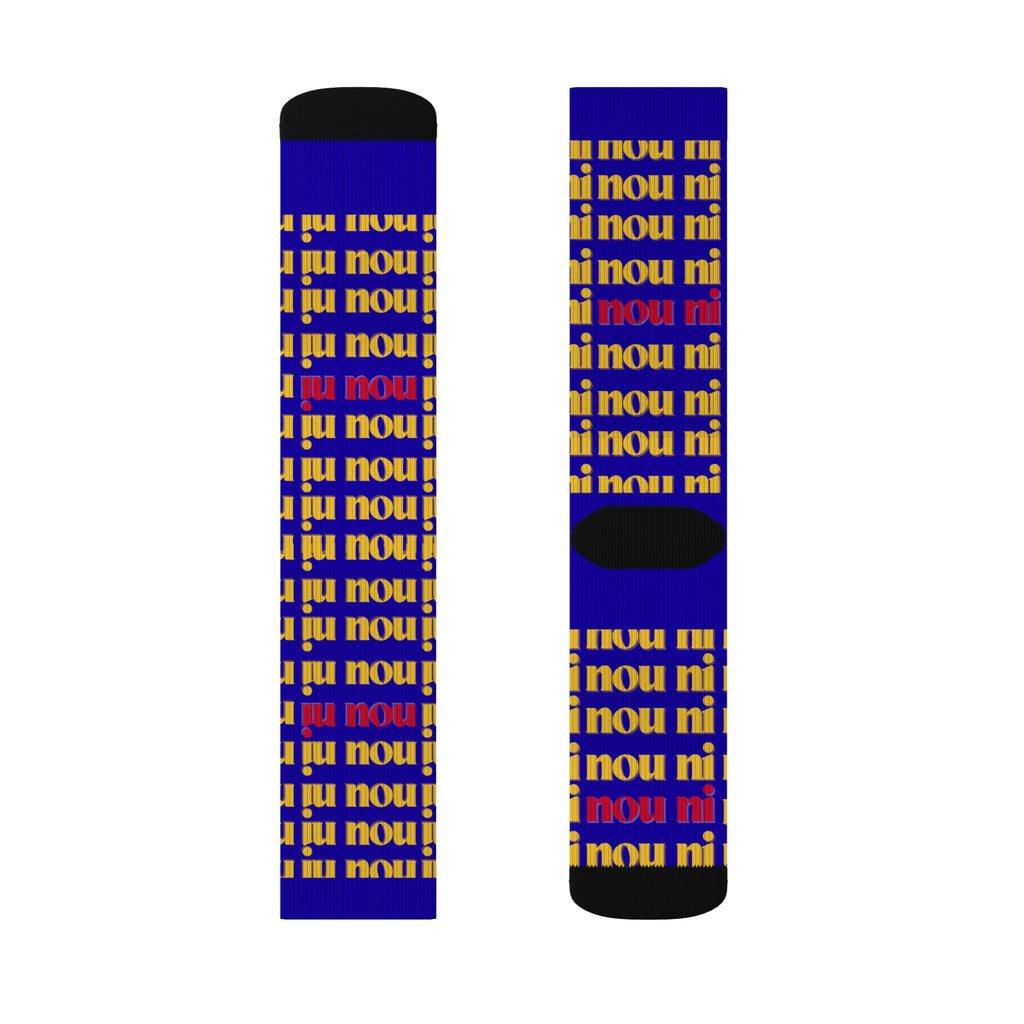 Bold Blue 'nou' Pattern Sublimation Socks — Retro Logo Crew Socks