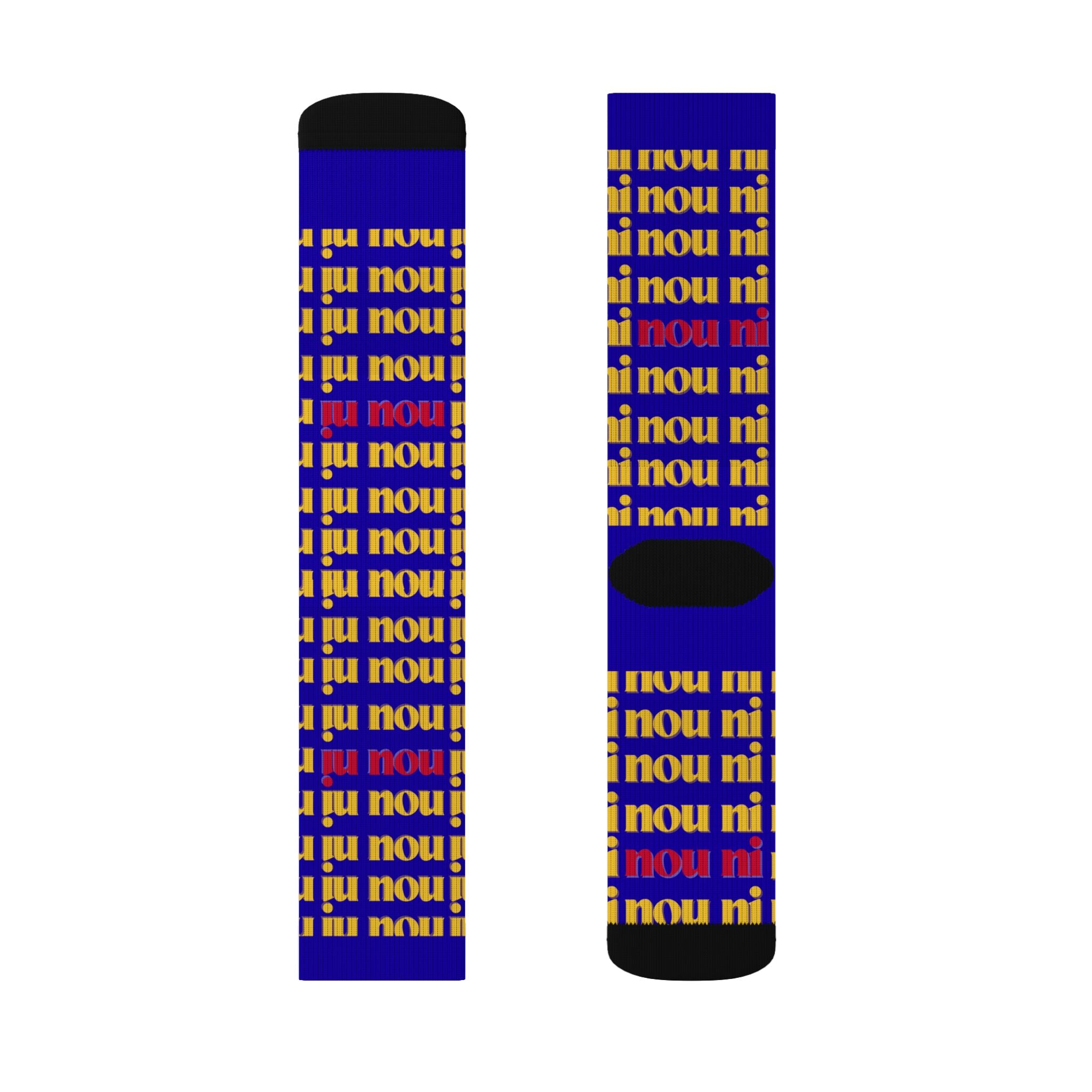 Bold Blue 'nou' Pattern Sublimation Socks — Retro Logo Crew Socks