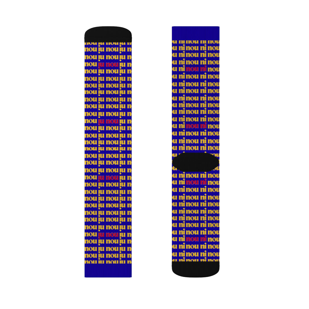 Bold Blue 'nou' Pattern Sublimation Socks — Retro Logo Crew Socks