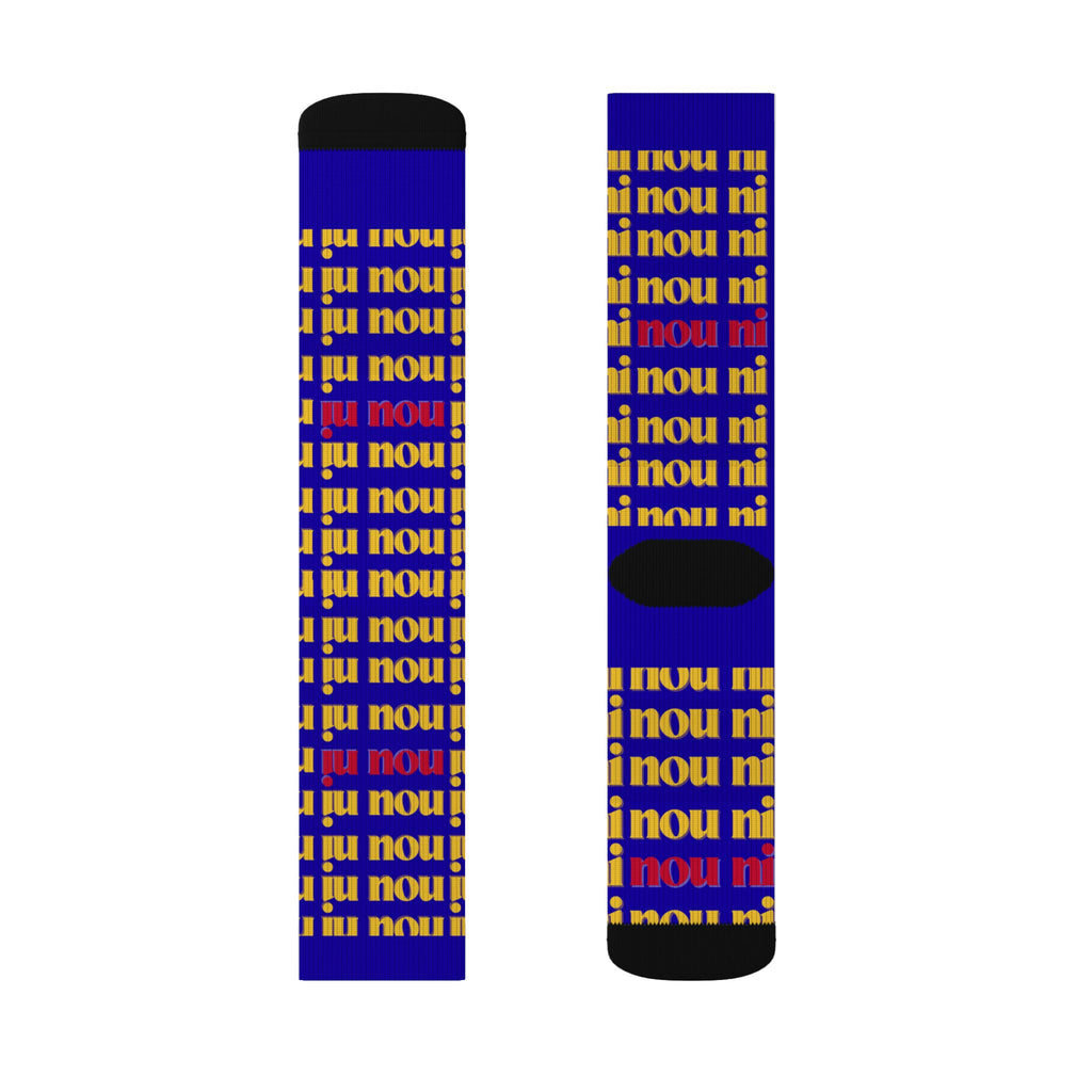 Bold Blue 'nou' Pattern Sublimation Socks — Retro Logo Crew Socks